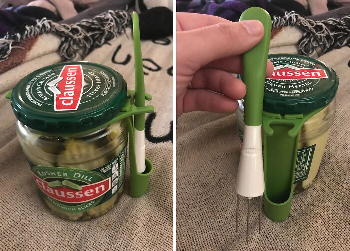 "A pickle fork off Amazon. It’s a silicone round thing that sits around the top of the pickle jar and holds a little three prong pickle fork thing. No more digging for pickles." - Trick_Cherry1347