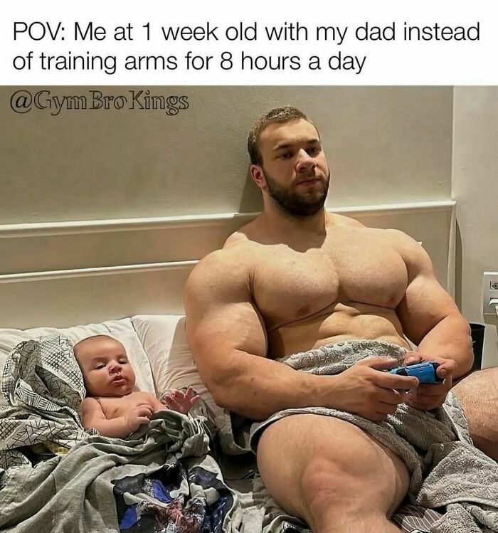 Muscular man and baby lying in bed with meme text about skipping arm training, a relatable meme for work stress relief.