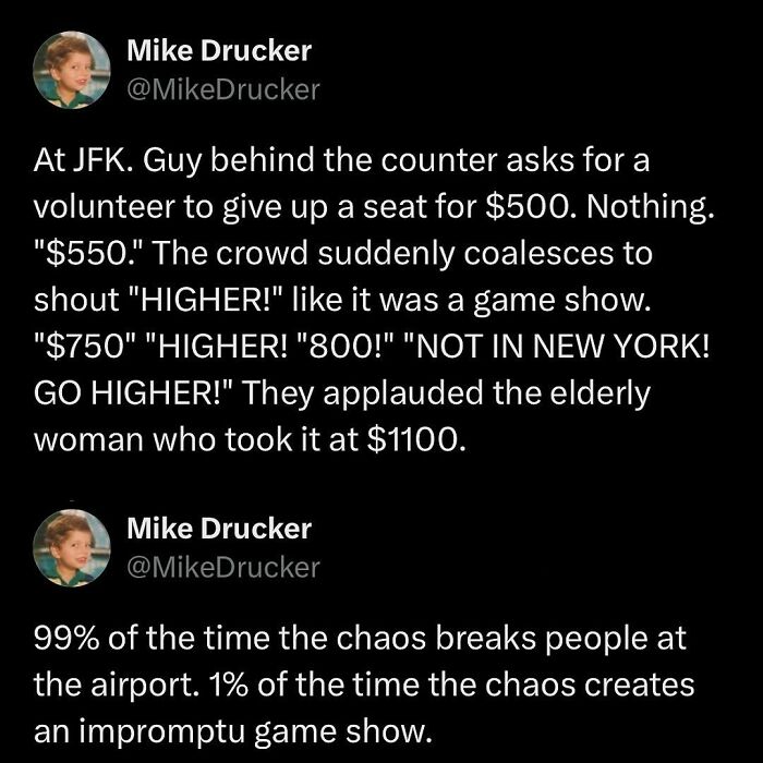 Two tweets by Mike Drucker humorously describing an airport auction scene relatable to millennials.