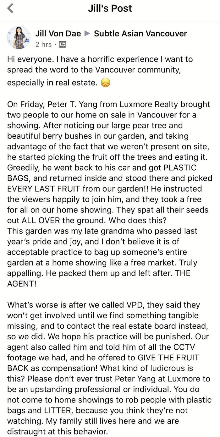 Vancouver Realtor Steals Owner's Fruit During A Showing