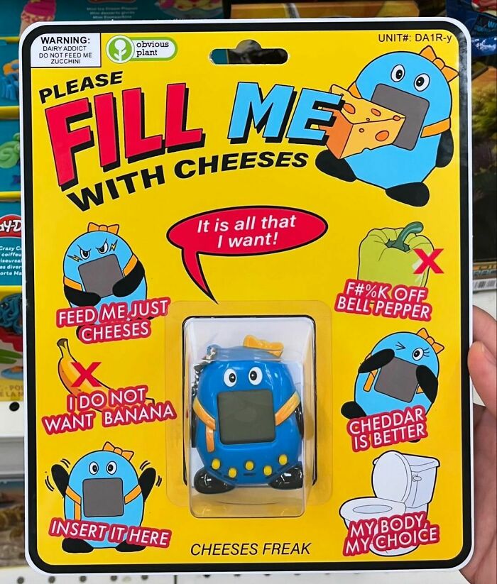 Fake funny product by Obvious Plant, "Fill Me With Cheeses," displayed among real store items.