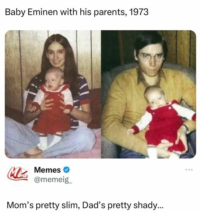 Vintage photo of baby with parents showing funny posts that prove everyone’s just barely holding it together humor.