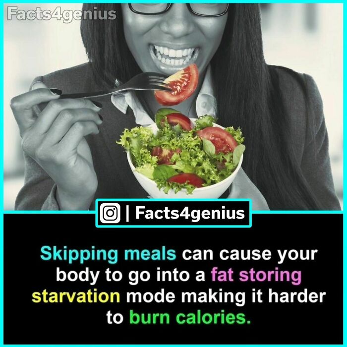 Woman eating salad with text on meal skipping effects; interesting facts for genius.
