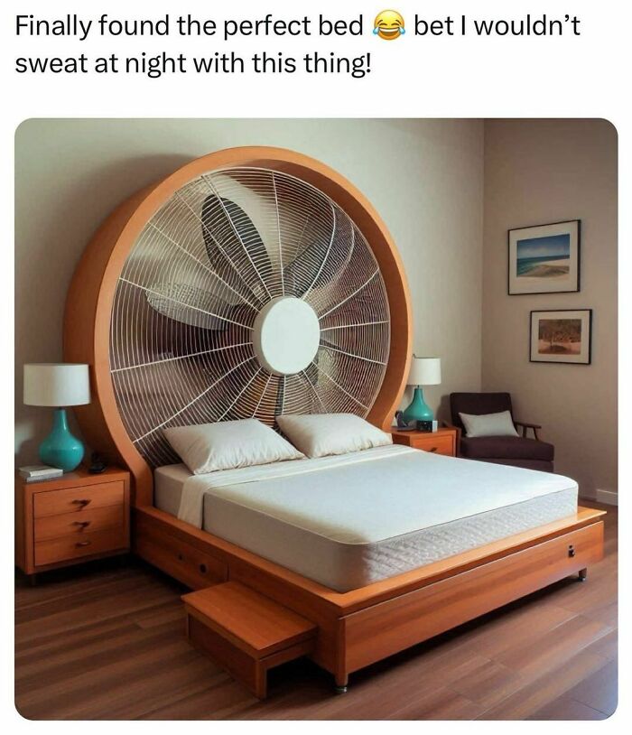 Bed designed with large fan headboard in a modern bedroom, showcasing funny posts about barely holding it together.