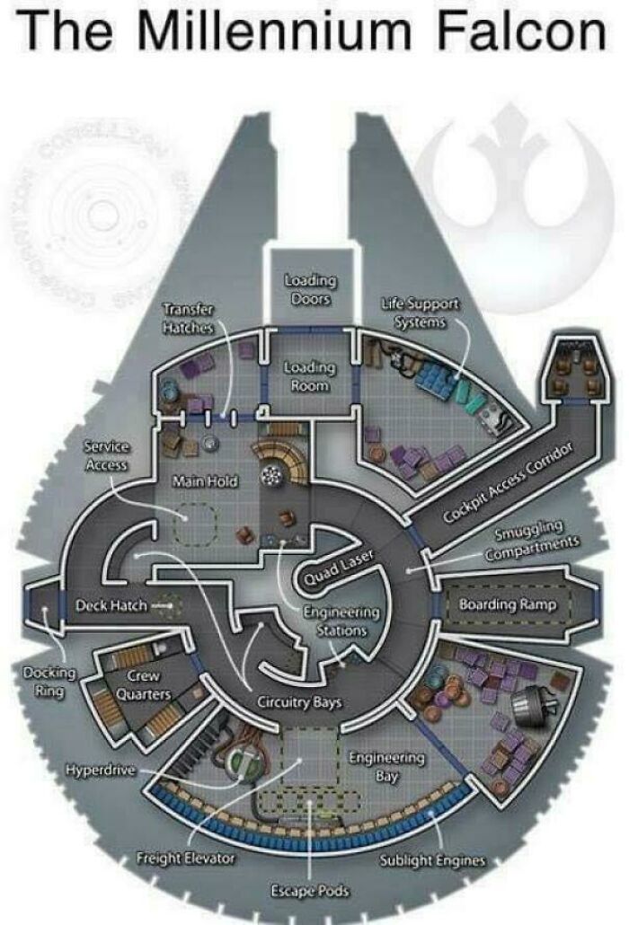 Diagram chart of the Millennium Falcon showcasing detailed interior layout with unique engineering and crew quarters sections.