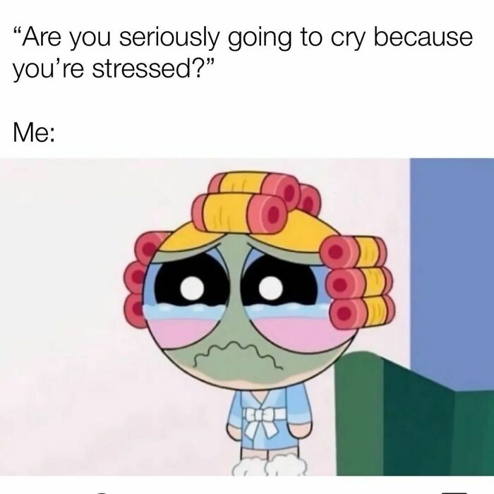 Cartoon character with curlers crying, illustrating relatable memes about stress and work overwhelm feelings.