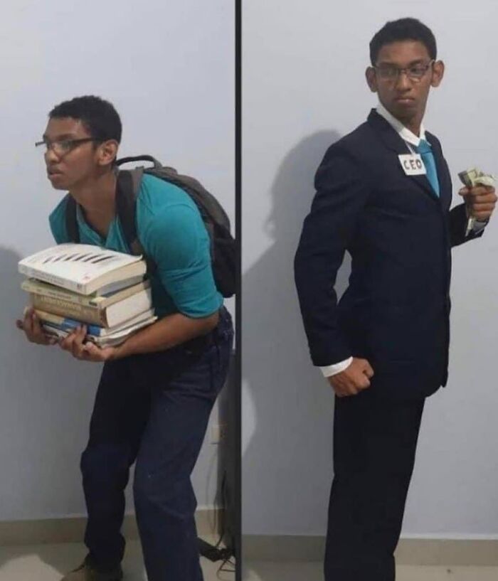Man transforms from student carrying books to confident CEO holding money in this amusing "pics that go hard" meme.