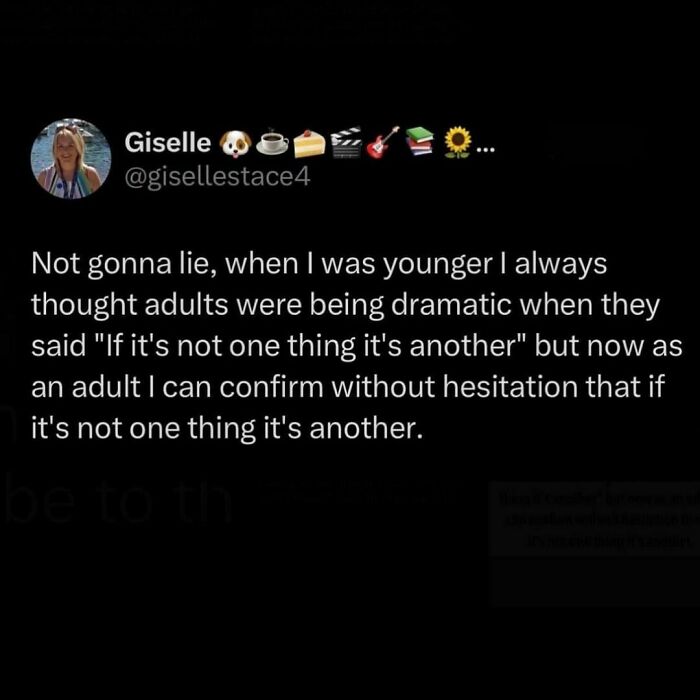 Millennial meme about realizing adult life is full of constant challenges, with text from a social media post.