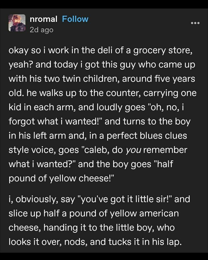 Funny meme conversation about a grocery store deli encounter with a dad and his children, sharing a humorous cheese story.