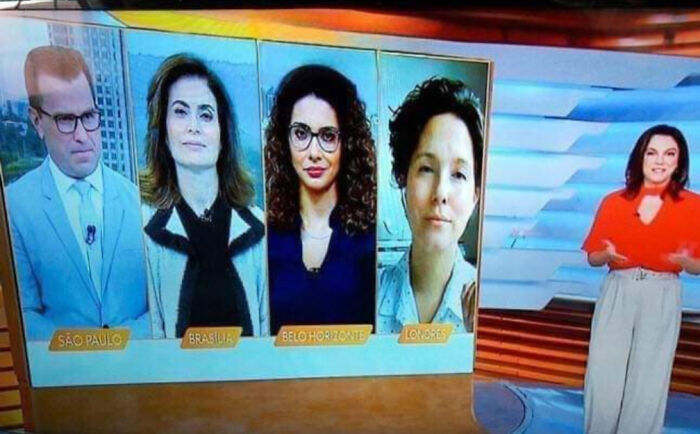 Confusing pics: TV broadcast shows four people in different locations, with a presenter on the side.