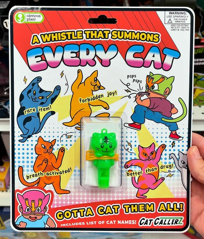 Funny fake cat whistle product by Obvious Plant in store, featuring colorful cartoon cats and humorous text.