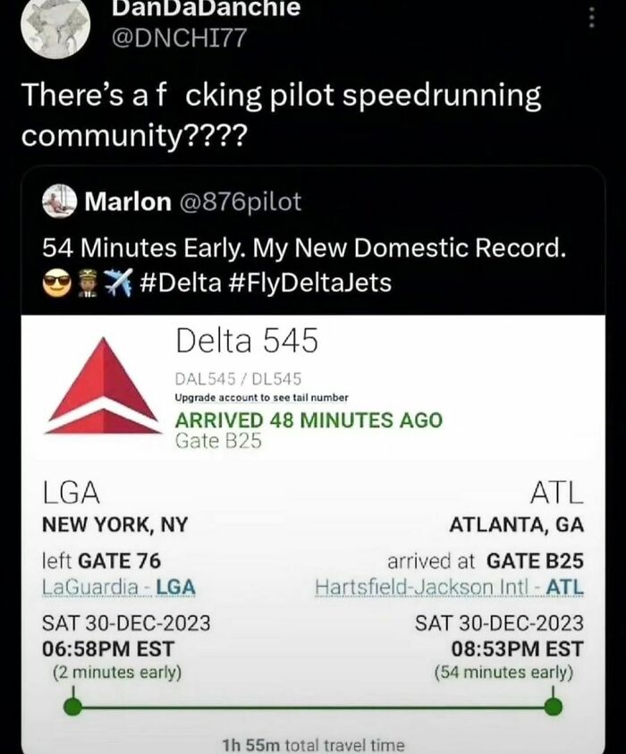 Tweet about pilot speedrunning with a screenshot of a plane arriving 54 minutes early.