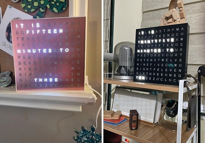 Light-up word clocks on display shelves, creatively showing time with illuminated letters.