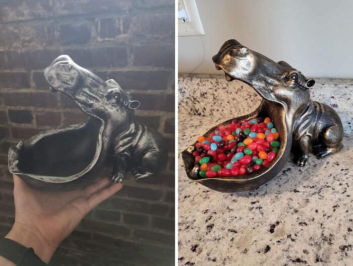 Hippo-shaped candy dish, empty on the left and filled with colorful candies on the right, perfect for show-stopping decor.