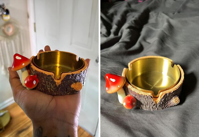 Decorative ashtray resembling a tree trunk with colorful mushrooms, shown held in a hand and placed on a bedspread.
