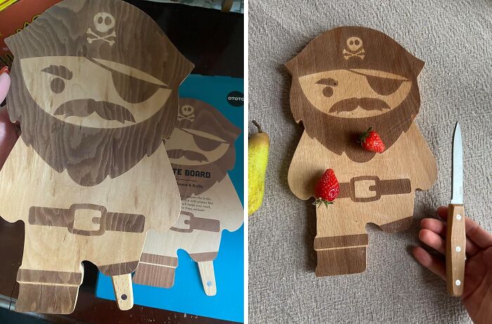 Pirate-shaped cutting boards, one with strawberries, featuring fun, show-stopping design.