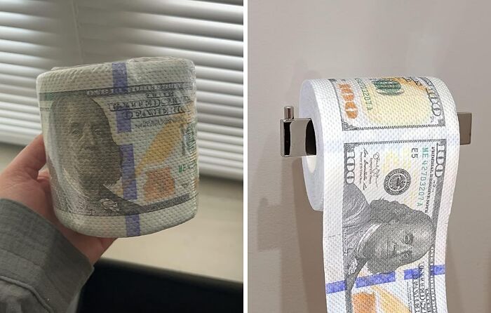 Toilet paper designed with 100-dollar bill print, a show-stopping novelty item.