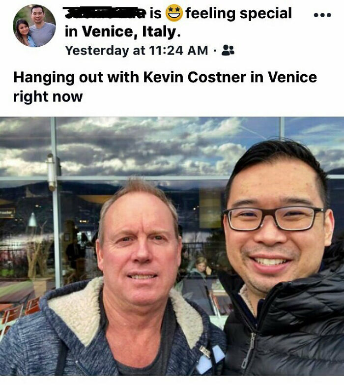 Two men smiling outside a café in Venice, one pretending to be with Kevin Costner, illustrating system-cheating behavior.