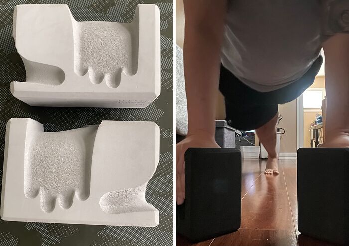 Foam blocks for Pilates next to a person in plank position on wooden floor.