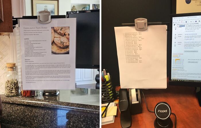 Clip holding recipe paper in kitchen and desk, showcasing love at first sight finds.