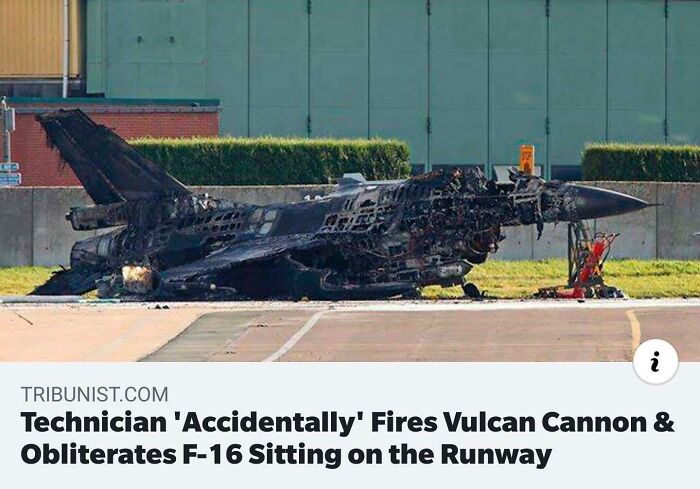 Damaged F-16 jet on runway after unfortunate incident involving Vulcan cannon fire.
