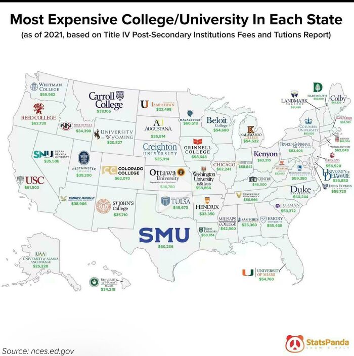 Map of most expensive colleges and universities in each US state with tuition fees, showcasing unique charts and visual guides.
