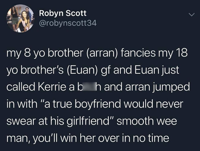 Tweet showcasing Scottish humor about an 8-year-old standing up for a girl against his brother.
