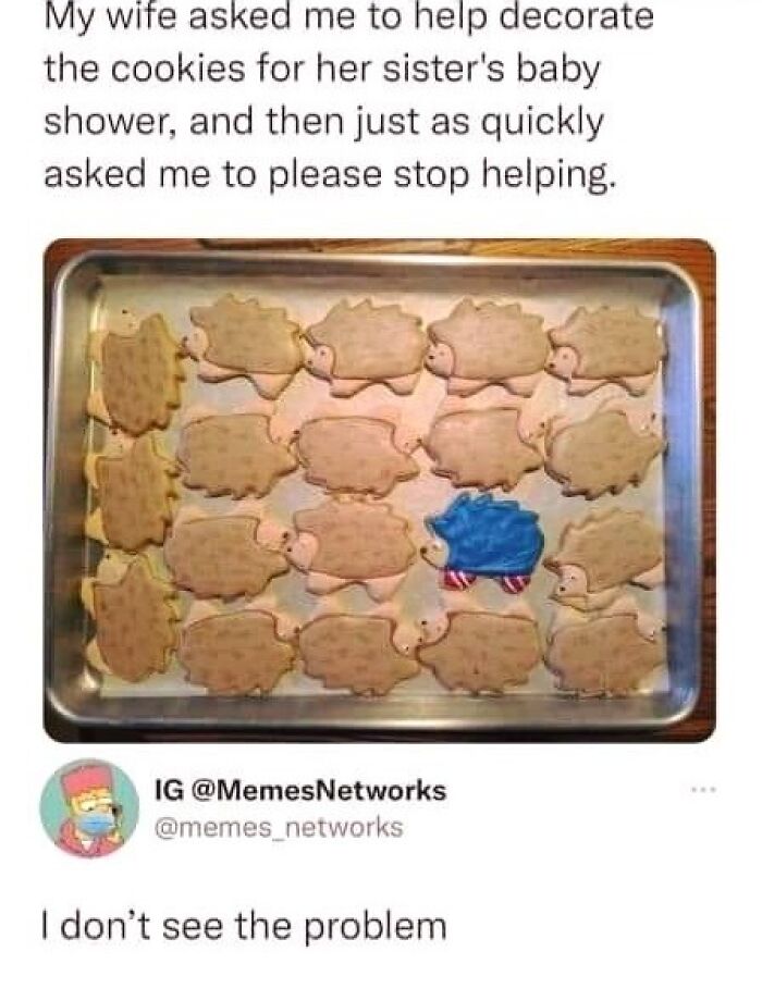 Tray of animal-shaped cookies with one blue, red, and white decorated cookie among plain animal cookies, animal memes humor.