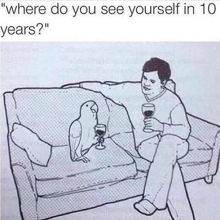 Man and parrot sitting on a couch holding wine glasses in a humorous animal meme about future self reflection.