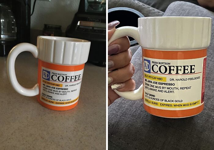 Coffee prescription mug with humorous label, an unusual and weird pick found on Amazon for coffee lovers.