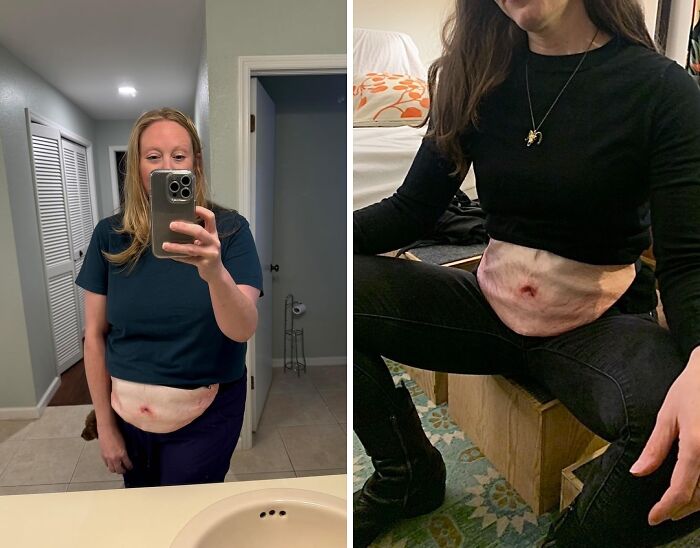 Two women wearing chaotic products showing realistic belly stomach shirts in casual indoor settings.