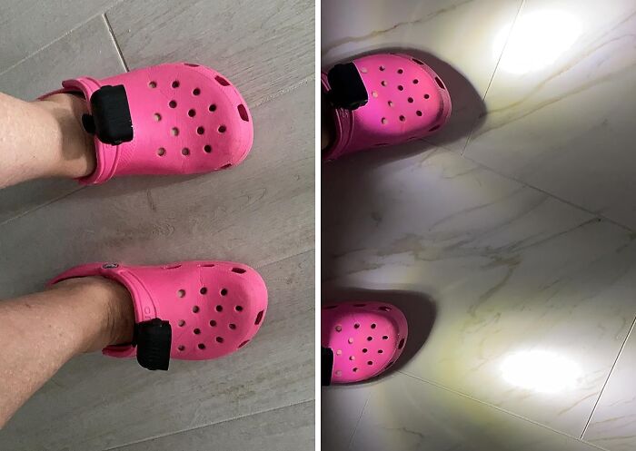 Person wearing pink clogs with small black tech gadgets attached, shown in normal and low light highlighting tech finds.