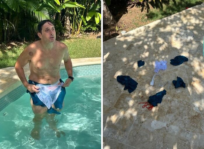 Man in a pool experiencing an April Fools prank with dissolved swim trunks, clothes drying poolside.