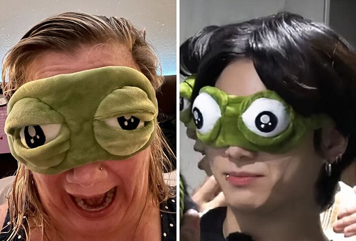 Two people wearing chaotic green eye masks with exaggerated eyes, showcasing truly chaotic products you might want.