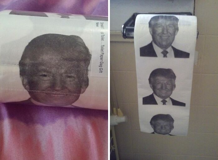 Roll of chaotic products featuring printed faces of a man as a gag toilet paper in a bathroom setting.