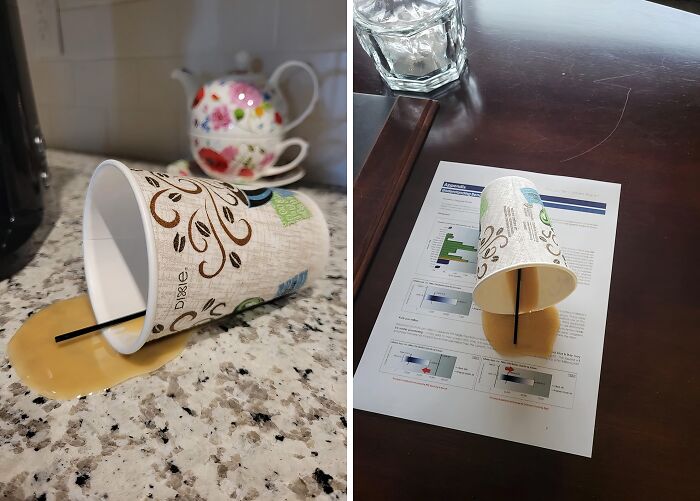 Spilled coffee from a cup on kitchen counter and office desk showing one of the weirdest picks found on Amazon.