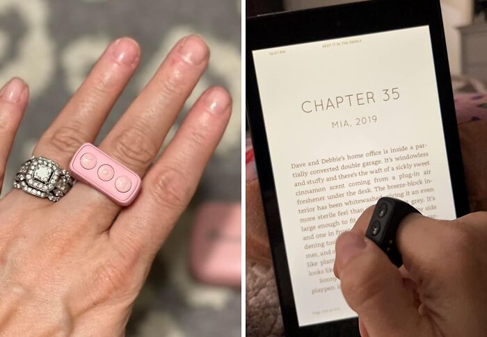 Close-up of hands showcasing Amazon tech finds including a pink gadget ring and a smart ring controlling an e-reader screen.