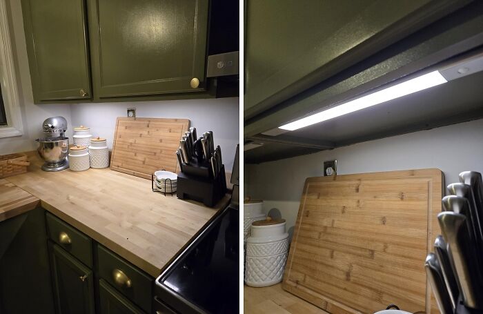 Kitchen countertop with LED under-cabinet lights, cutting board, knife set, and smart kitchen gadgets from Amazon tech finds.