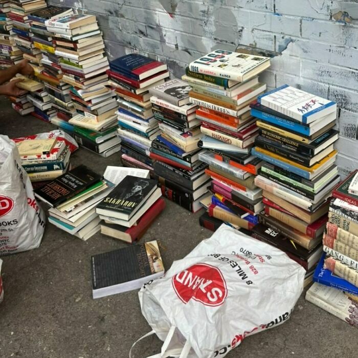 Stacks of books and shopping bags left on the NYC curb, showcasing a treasure trove of literature for passersby.