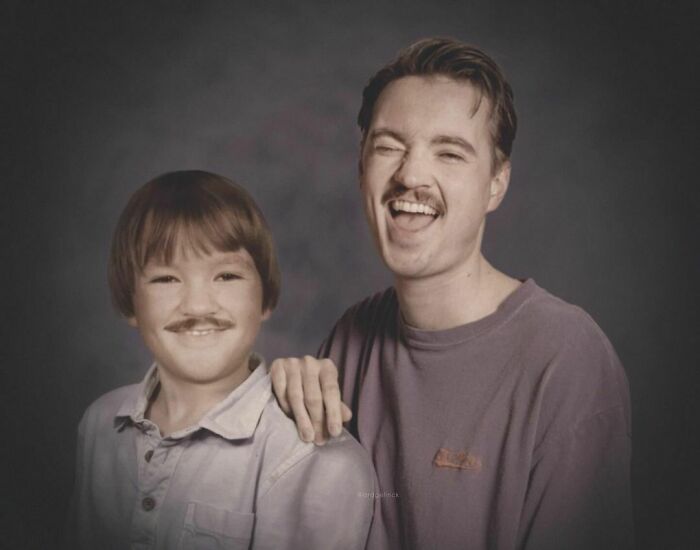 Adult and younger selves photoshopped together, both smiling with matching mustaches, illustrating time's passage for celebrities.