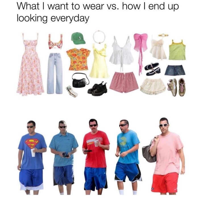 Casual men's outfits versus desired fashion choices illustrating relatable memes for spamming friends with humor.