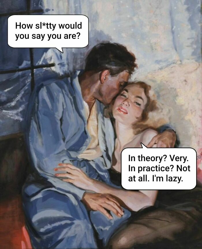 Couple in vintage art style with humorous text bubbles, creating a funny meme from great works of art.