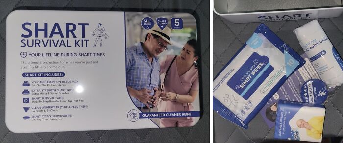 Shart survival kit with humorous packaging, including tissues and wipes, designed for April Fools pranks.