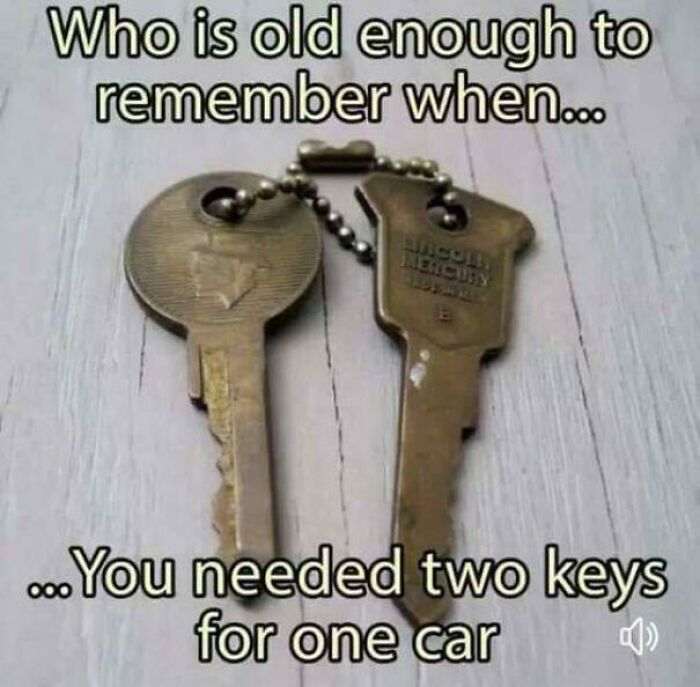 Two vintage car keys attached to a chain, symbolizing nostalgic items that remind you of creaking joints.