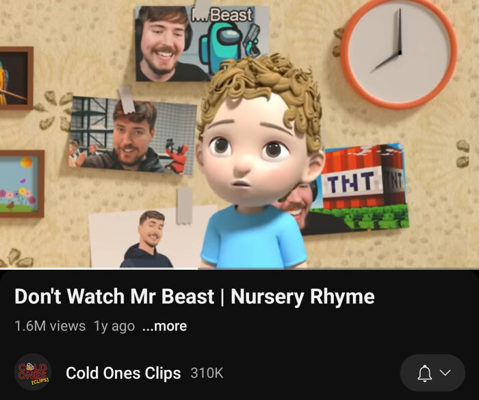 Animated child in a room with photos and a clock, related to MrBeast's nursery rhyme video, suggesting predictions came true.