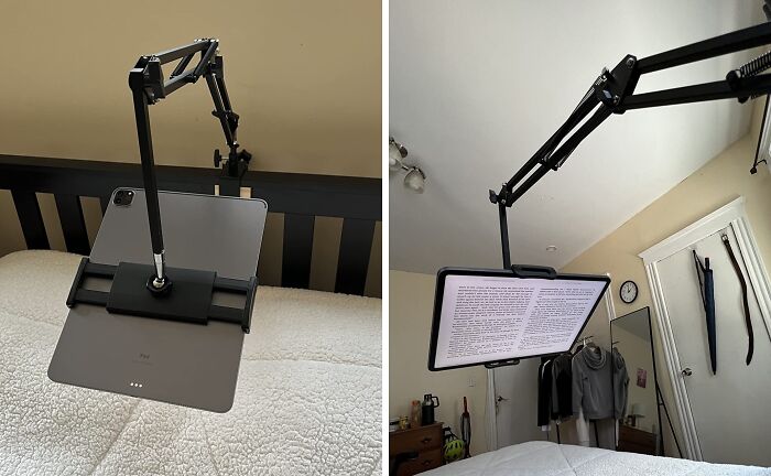 Adjustable tablet holder arm attached to bed frame, showcasing one of the Amazon tech finds for enhanced gadget use.