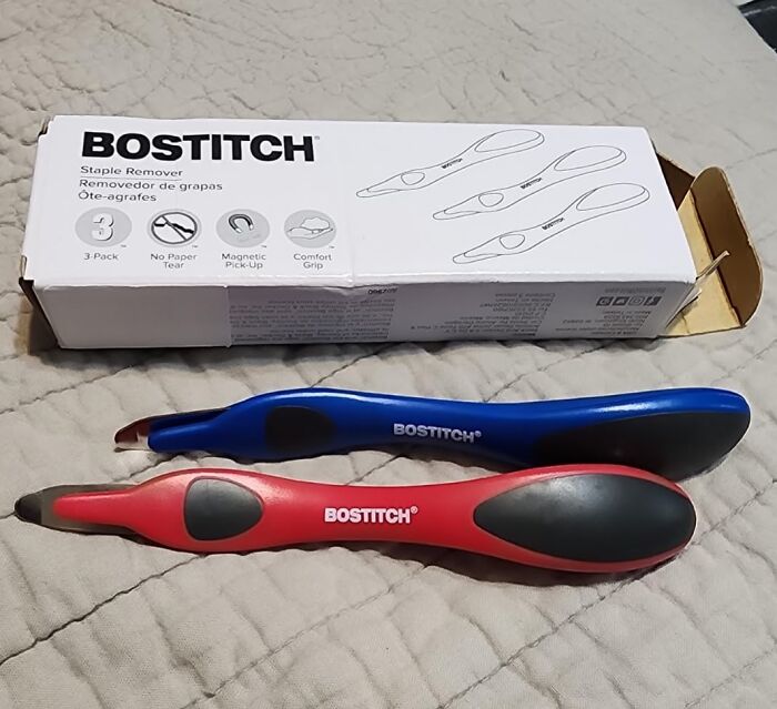 Bostitch staple removers with comfort grip and magnetic pick-up, useful life hacks for efficient office tasks.