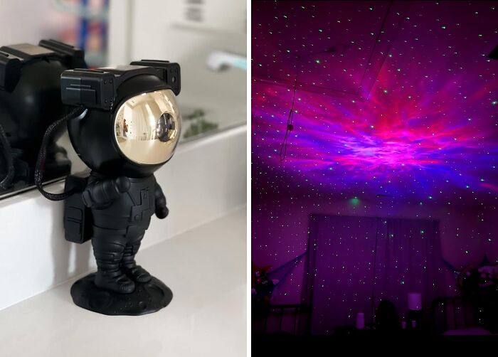 Astronaut figurine and galaxy light projector creating random joyful moments.