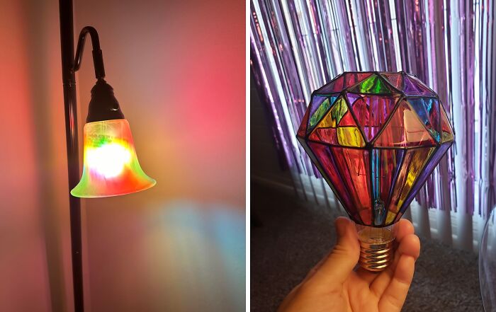 Colorful stained glass lamp and light bulb casting joyful rainbow patterns.