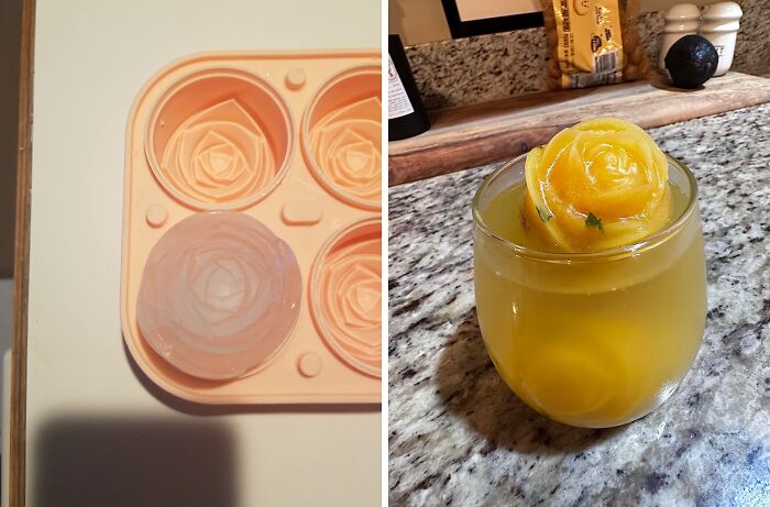 Rose-shaped ice mold next to a drink with a rose-shaped ice cube on a granite countertop.